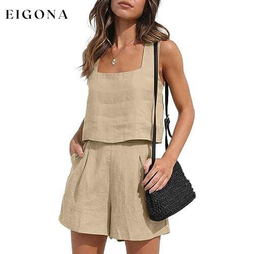 2-Piece Set: Women's Lounge Matching Sets Linen Shorts Crop Tops Khaki __stock:200 clothes refund_fee:1200 tops