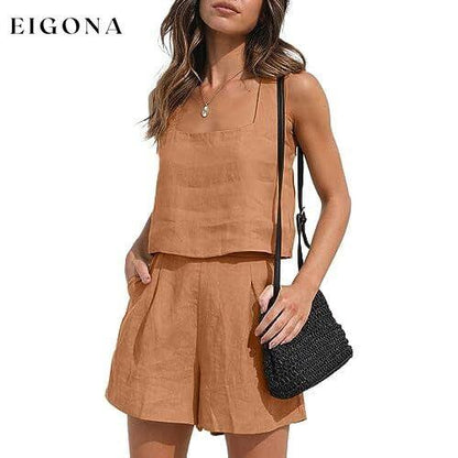 2-Piece Set: Women's Lounge Matching Sets Linen Shorts Crop Tops Light Brown __stock:200 clothes refund_fee:1200 tops