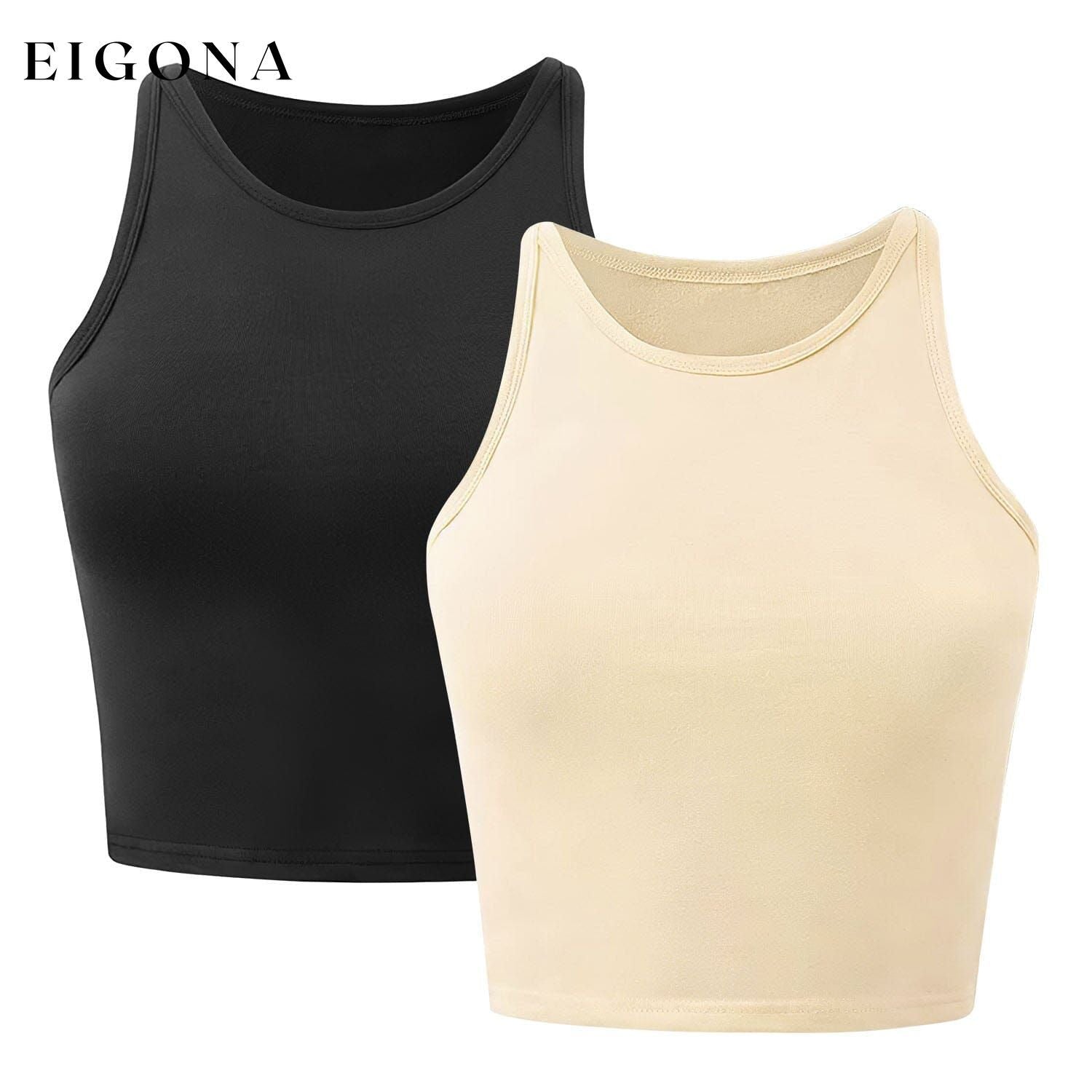 2-Piece: Women Sleeveless Cropped Tank top High Neck Black Khaki __stock:50 clothes refund_fee:1200 tops