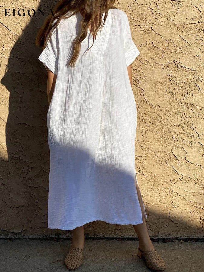 Women's Cotton V-Neck Loose Long Dress cotton linens