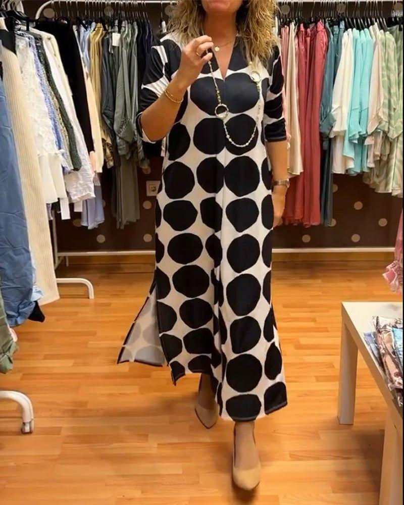 V-neck large polka dot slit long dress casual dresses spring summer