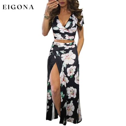 Women's Sexy V Neck Floral Printed Side Slit Two-Piece Maxi Dress Black __stock:500 casual dresses clothes dresses Low stock refund_fee:1200