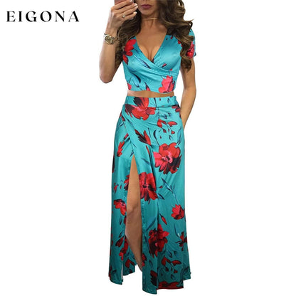 Women's Sexy V Neck Floral Printed Side Slit Two-Piece Maxi Dress Green __stock:500 casual dresses clothes dresses Low stock refund_fee:1200