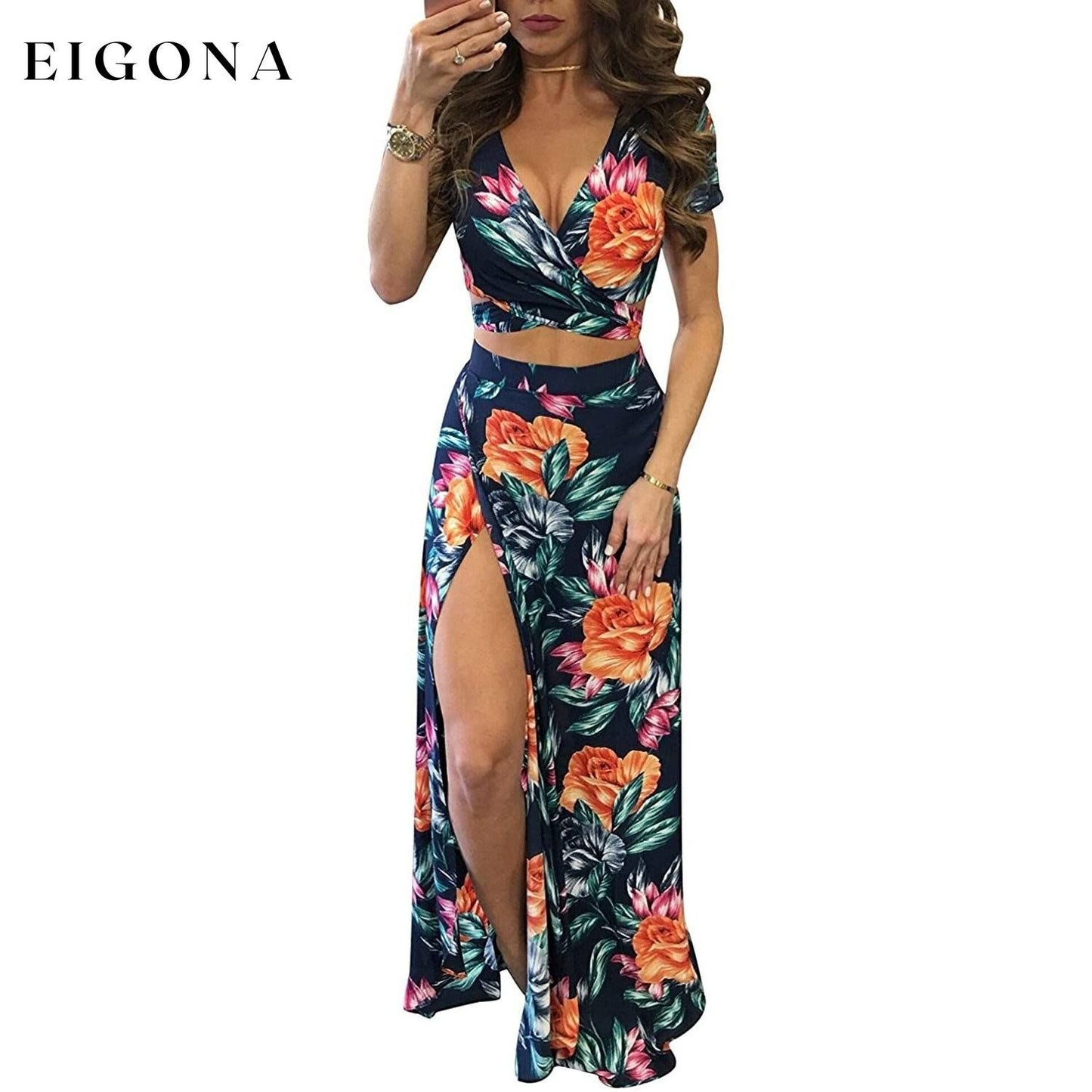 Women's Sexy V Neck Floral Printed Side Slit Two-Piece Maxi Dress Multicolor __stock:500 casual dresses clothes dresses Low stock refund_fee:1200