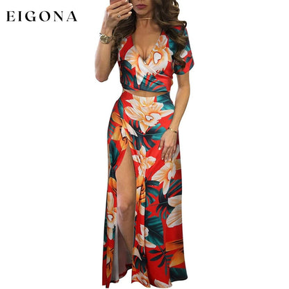 Women's Sexy V Neck Floral Printed Side Slit Two-Piece Maxi Dress Red __stock:500 casual dresses clothes dresses Low stock refund_fee:1200