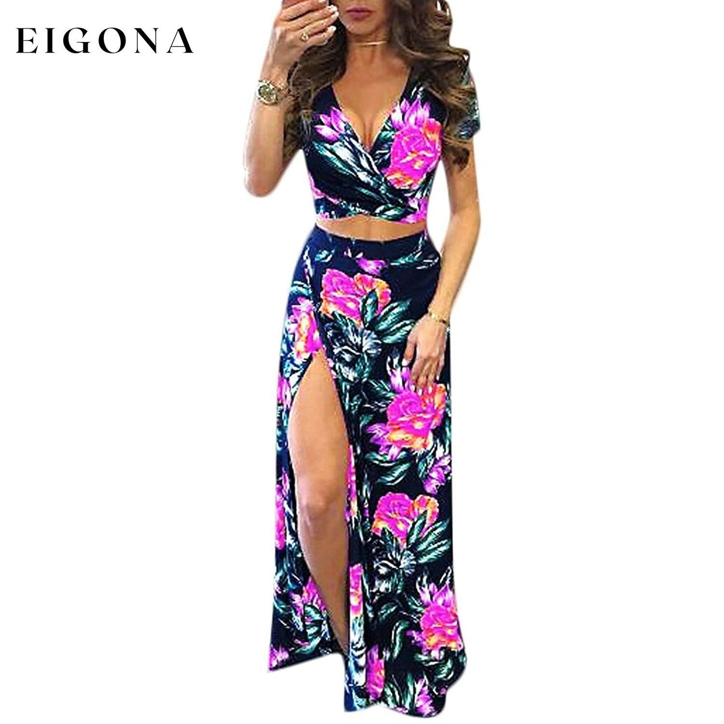 Women's Sexy V Neck Floral Printed Side Slit Two-Piece Maxi Dress Rose __stock:500 casual dresses clothes dresses Low stock refund_fee:1200