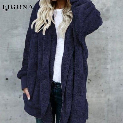 Autumn Winter Jacket Female Coat Causal Soft Hooded Pocket Fleece Blue __stock:50 Jackets & Coats refund_fee:800