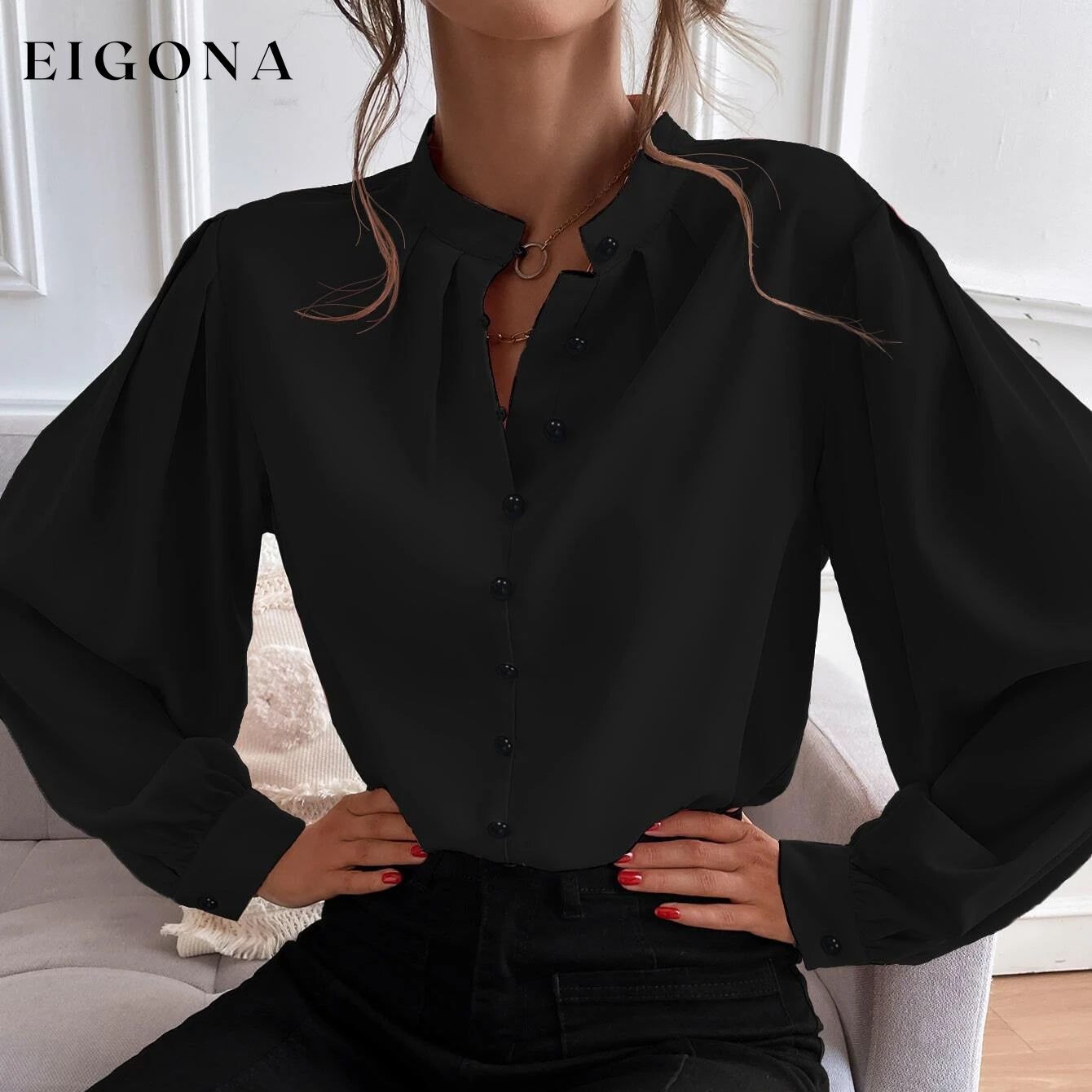 Bishop Sleeve Button Up Blouse Black __stock:200 clothes refund_fee:1200 tops
