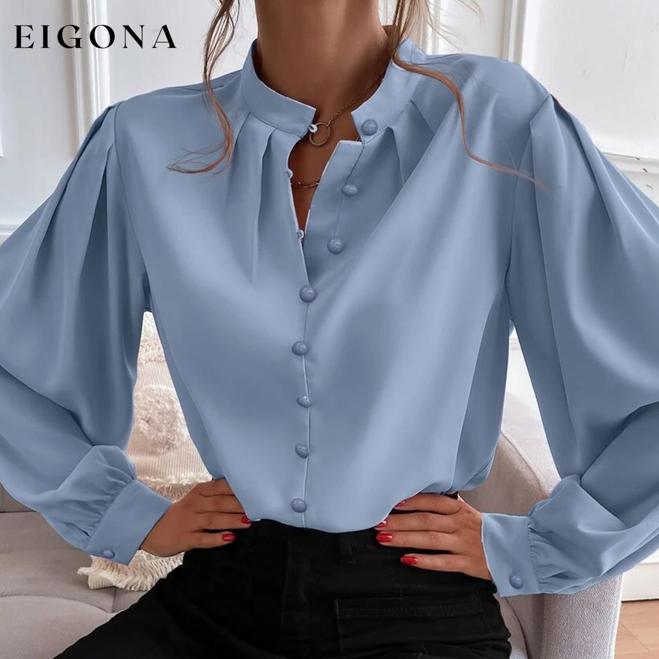 Bishop Sleeve Button Up Blouse Blue __stock:200 clothes refund_fee:1200 tops