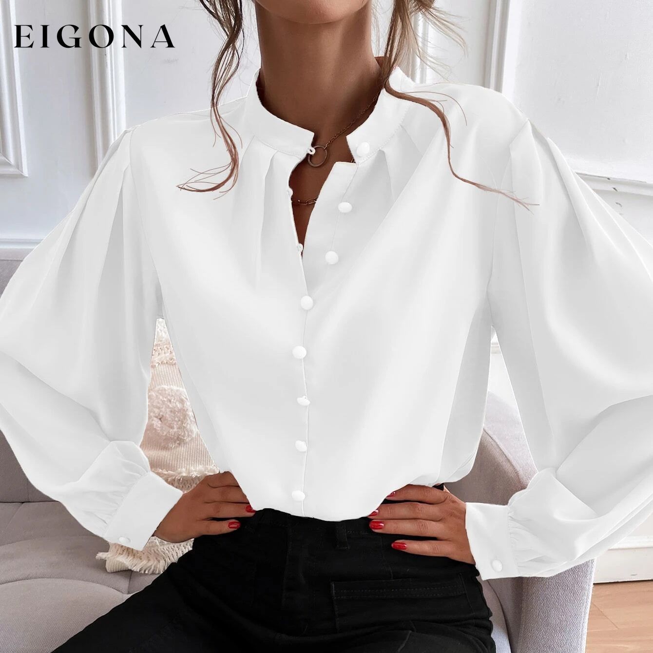 Bishop Sleeve Button Up Blouse White __stock:200 clothes refund_fee:1200 tops