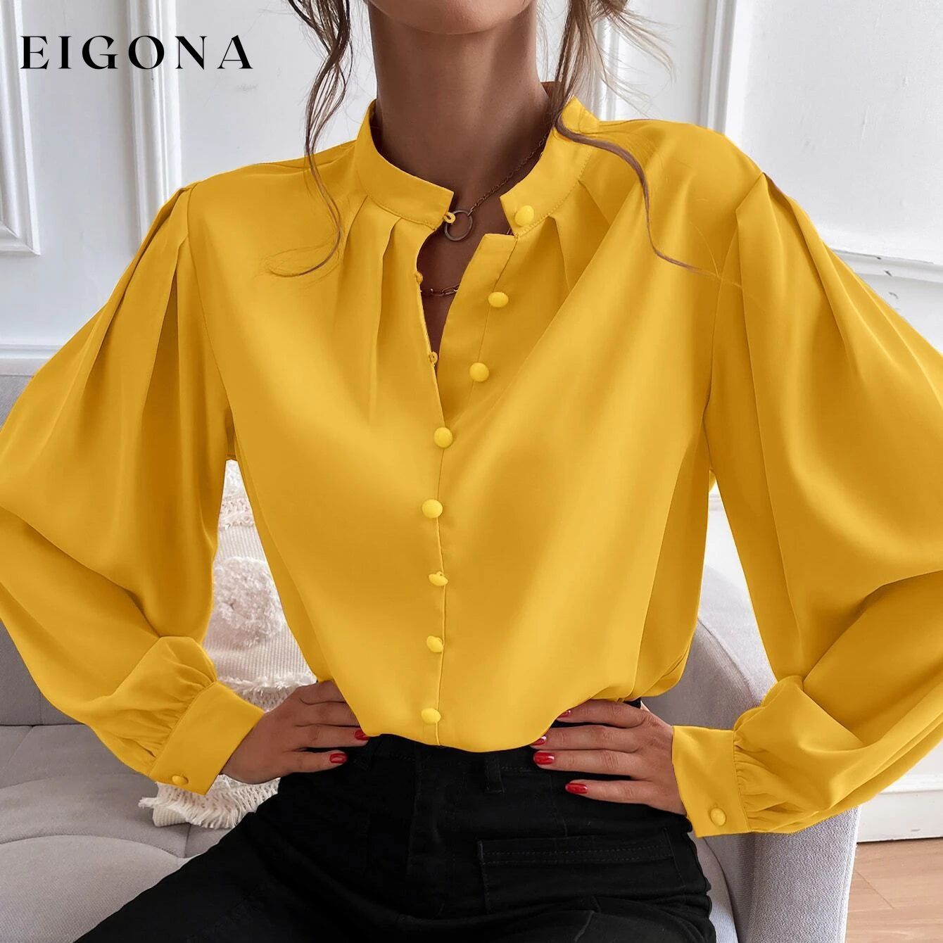 Bishop Sleeve Button Up Blouse Yellow __stock:200 clothes refund_fee:1200 tops