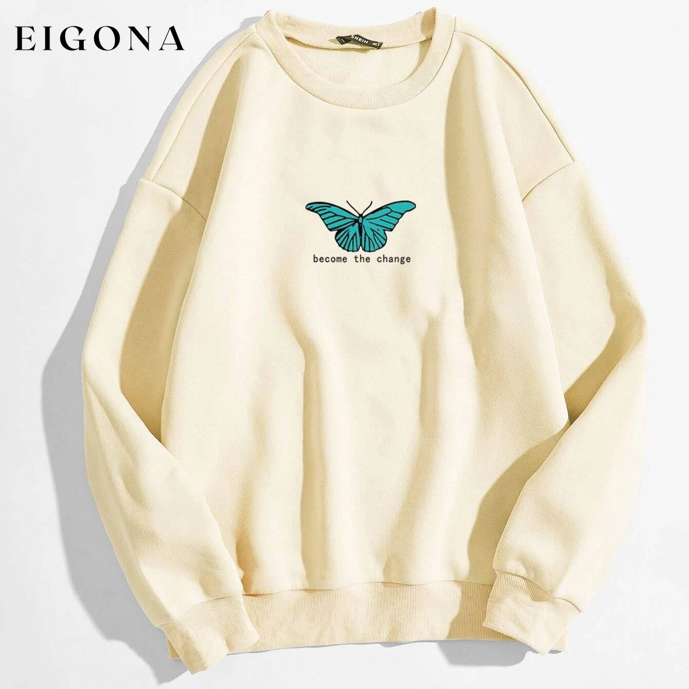 Butterfly & Slogan Graphic Thermal Sweatshirt Apricot __stock:500 clothes refund_fee:800 tops