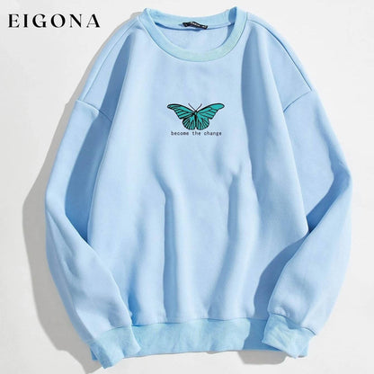 Butterfly & Slogan Graphic Thermal Sweatshirt Baby Blue __stock:500 clothes refund_fee:800 tops