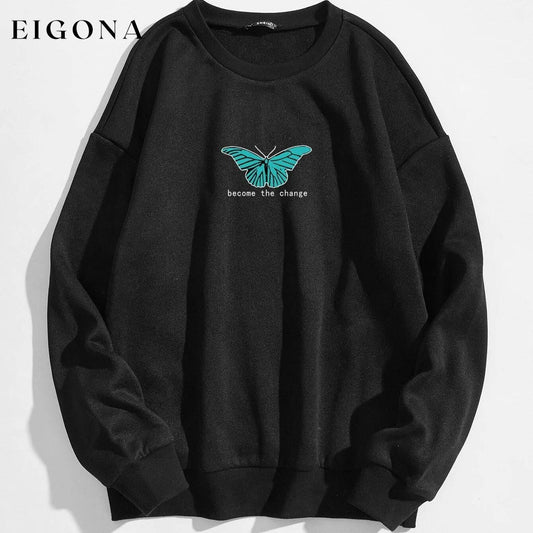 Butterfly & Slogan Graphic Thermal Sweatshirt Black __stock:500 clothes refund_fee:800 tops