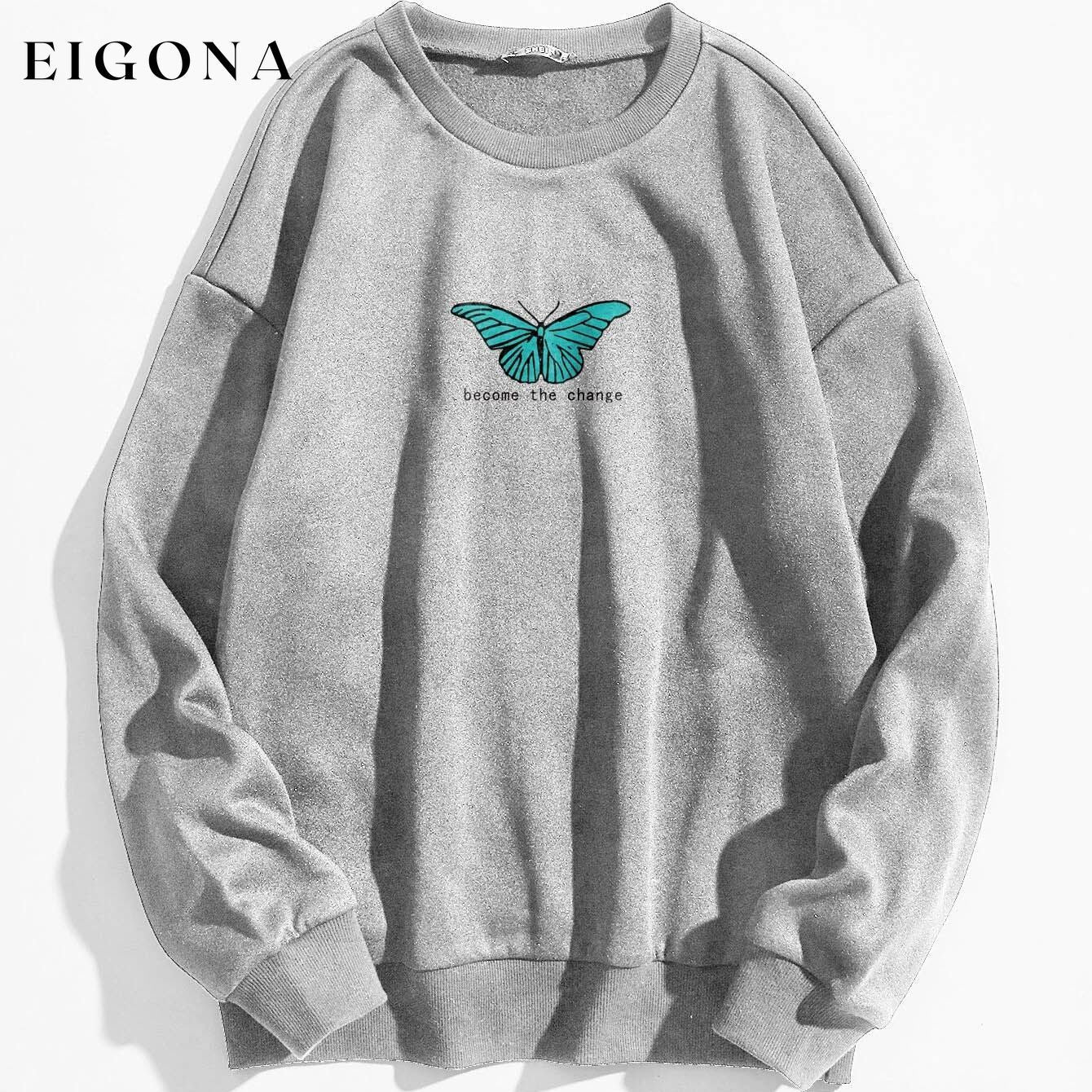 Butterfly & Slogan Graphic Thermal Sweatshirt Gray __stock:500 clothes refund_fee:800 tops