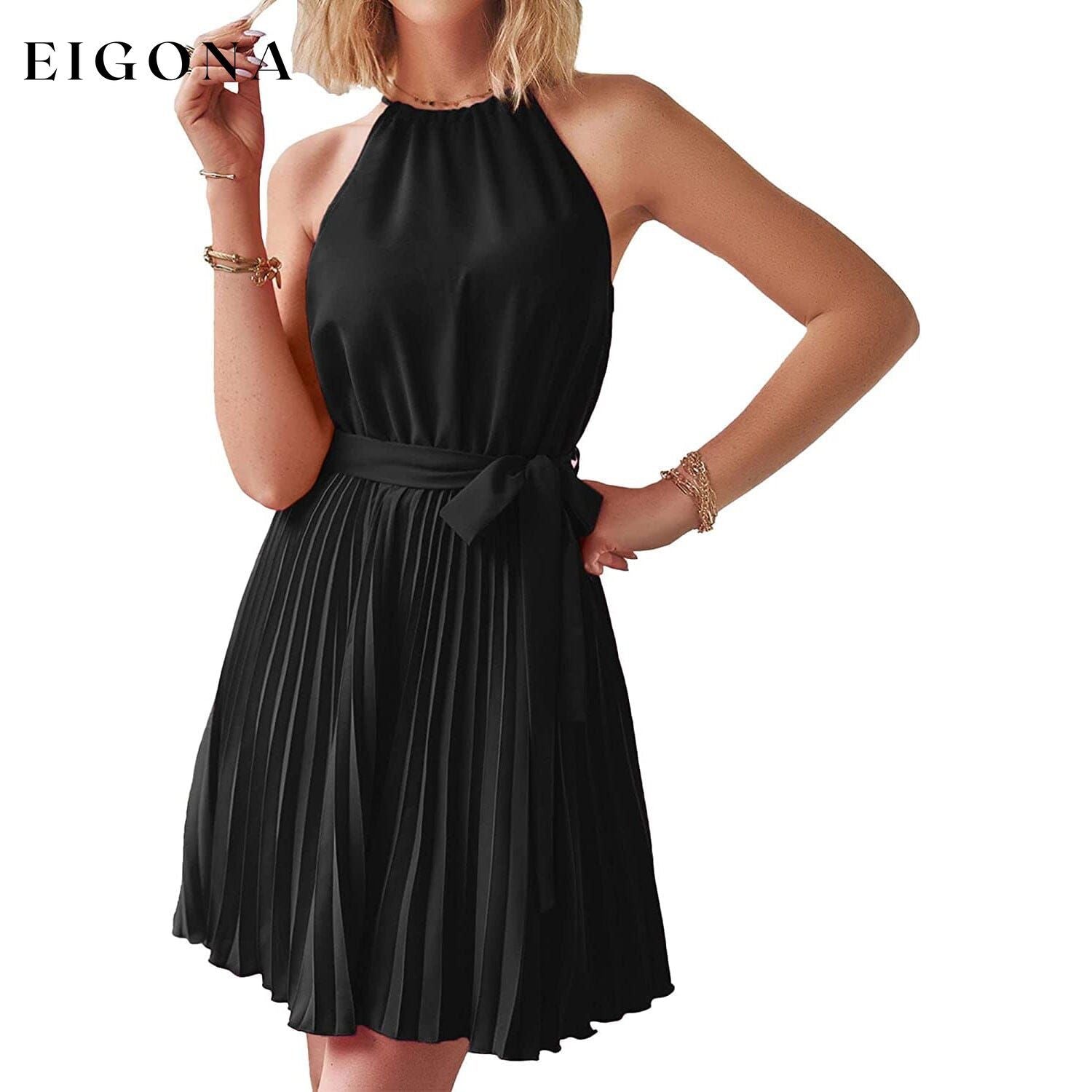 Casual Halter Neck A-Line Dress Sleeveless Belted Swing Pleated Cocktail Party Beach Mini Dresses Black __stock:200 casual dresses clothes dresses refund_fee:1200