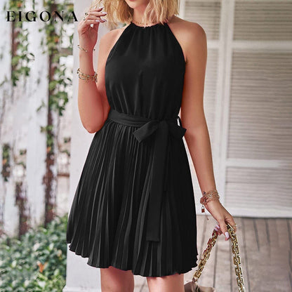 Casual Halter Neck A-Line Dress Sleeveless Belted Swing Pleated Cocktail Party Beach Mini Dresses __stock:200 casual dresses clothes dresses refund_fee:1200