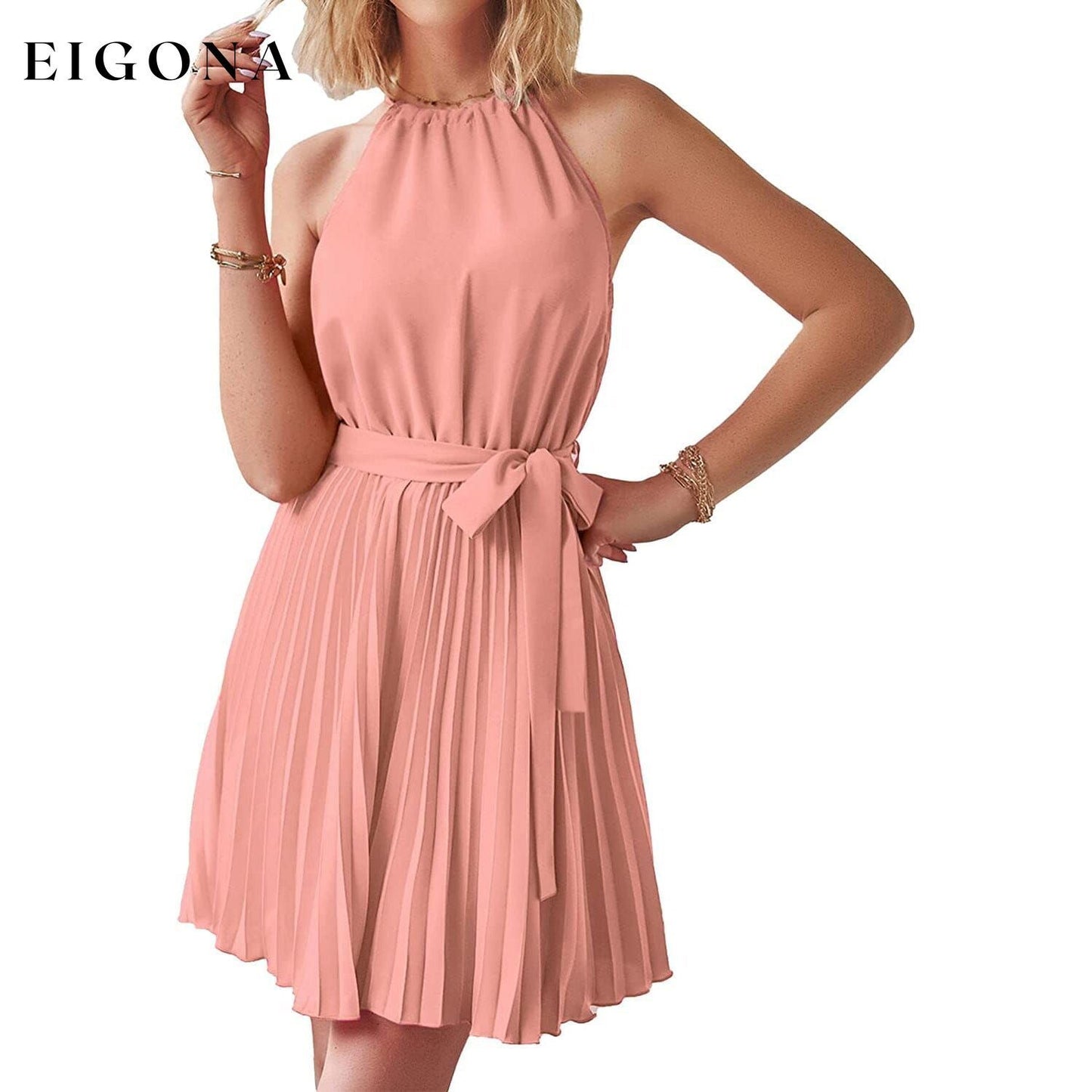 Casual Halter Neck A-Line Dress Sleeveless Belted Swing Pleated Cocktail Party Beach Mini Dresses Pink __stock:200 casual dresses clothes dresses refund_fee:1200