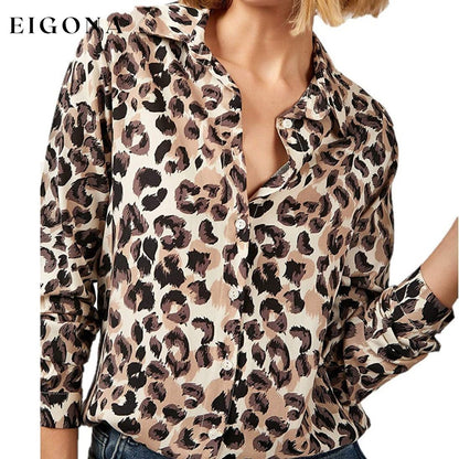 Casual Long Sleeve Button Down Shirts Tops Beige Leopard __stock:200 clothes refund_fee:1200 tops