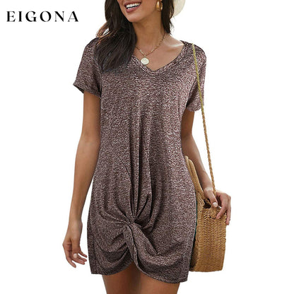 Womens Short Sleeve Tshirt Side Knot Mini Dress Brown __stock:500 casual dresses clothes dresses refund_fee:800