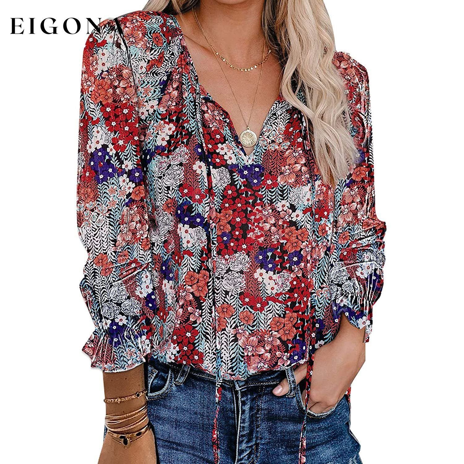 Dokotoo Women's Casual Boho Floral Printed V-Neck Top Blue __stock:500 clothes refund_fee:800 tops