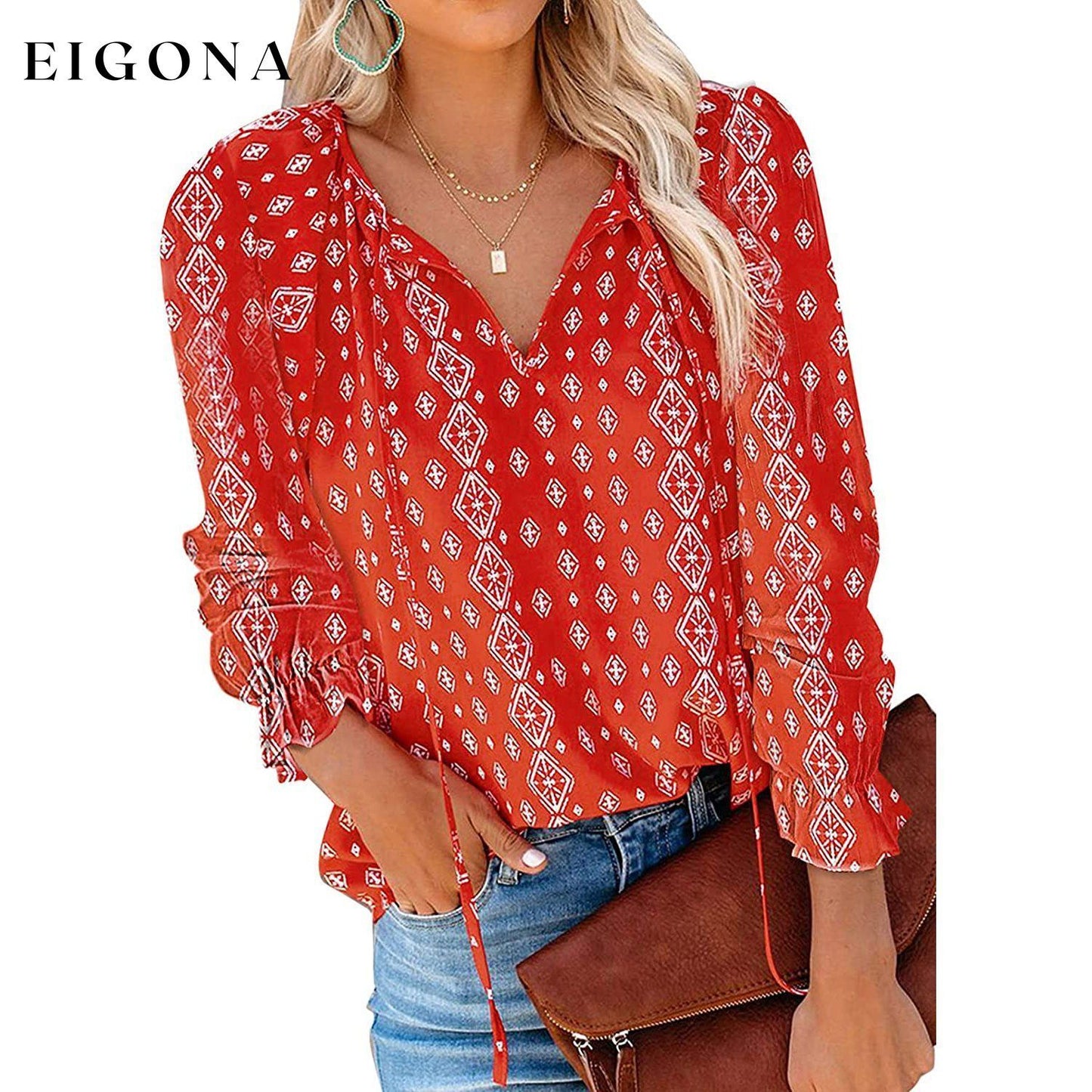 Dokotoo Women's Casual Boho Floral Printed V-Neck Top Red __stock:500 clothes refund_fee:800 tops
