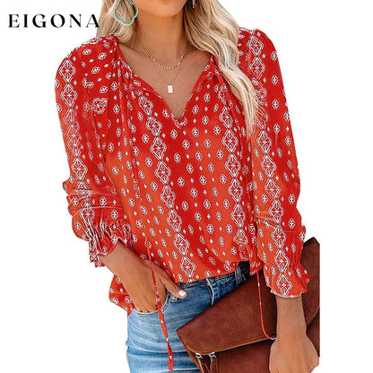 Dokotoo Women's Casual Boho Floral Printed V-Neck Top Red __stock:500 clothes refund_fee:800 tops