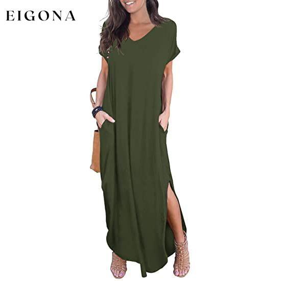 Women's Casual Loose Pocket Split Maxi Dress Army Green __stock:200 casual dresses clothes dresses refund_fee:1200 show-color-swatches