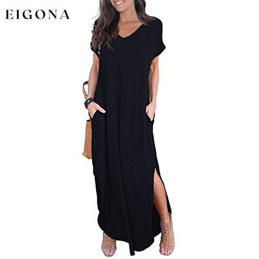 Women's Casual Loose Pocket Split Maxi Dress Black __stock:200 casual dresses clothes dresses refund_fee:1200 show-color-swatches