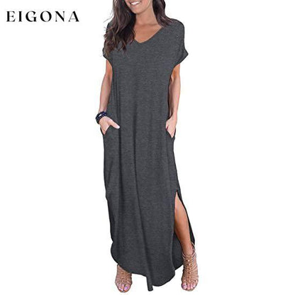Women's Casual Loose Pocket Split Maxi Dress Dark Gray __stock:200 casual dresses clothes dresses refund_fee:1200 show-color-swatches