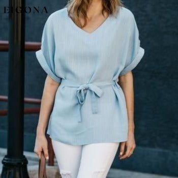 Linen-Blend Loose-Cut Casual Short Sleeve Top with Belt Baby Blue __stock:50 clothes refund_fee:800 tops