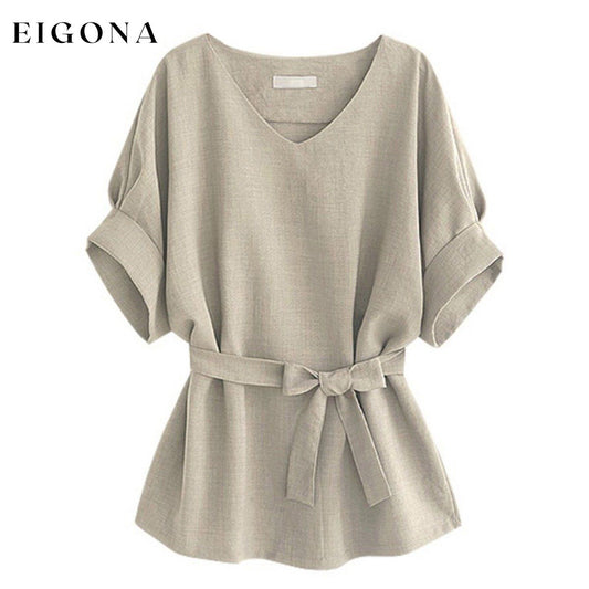 Linen-Blend Loose-Cut Casual Short Sleeve Top with Belt Beige __stock:50 clothes refund_fee:800 tops
