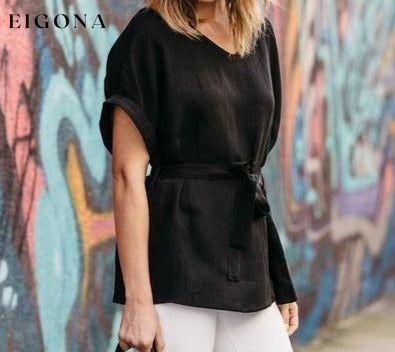 Linen-Blend Loose-Cut Casual Short Sleeve Top with Belt Black __stock:50 clothes refund_fee:800 tops