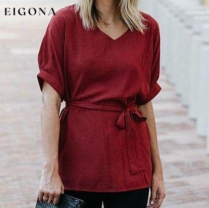 Linen-Blend Loose-Cut Casual Short Sleeve Top with Belt Burgundy __stock:50 clothes refund_fee:800 tops