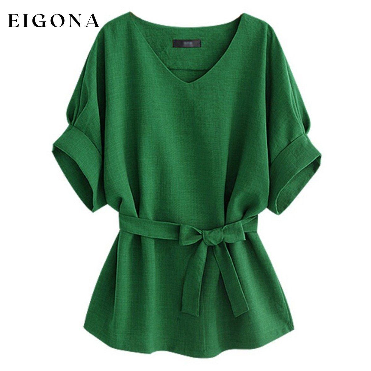 Linen-Blend Loose-Cut Casual Short Sleeve Top with Belt Green S __stock:50 clothes refund_fee:800 tops