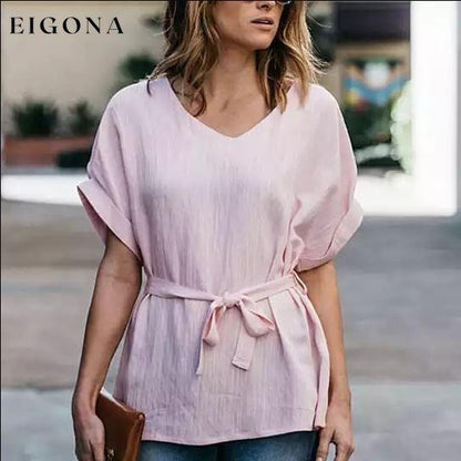 Linen-Blend Loose-Cut Casual Short Sleeve Top with Belt Pink __stock:50 clothes refund_fee:800 tops