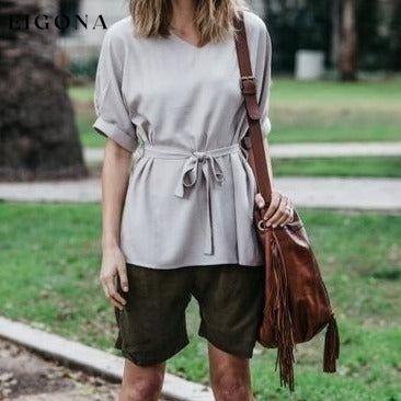 Linen-Blend Loose-Cut Casual Short Sleeve Top with Belt Gray __stock:50 clothes refund_fee:800 tops