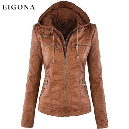 Lock and Love Women's Removable Hooded Faux Leather Jacket Camel __stock:200 Jackets & Coats refund_fee:1800