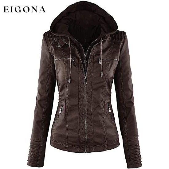Lock and Love Women's Removable Hooded Faux Leather Jacket Coffee __stock:200 Jackets & Coats refund_fee:1800