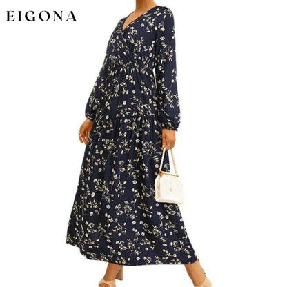 Long Sleeve Fashion Casual High Waist Maxi Dress Slim Floral Print V Neck Royal Blue __stock:500 casual dresses clothes dresses refund_fee:1200