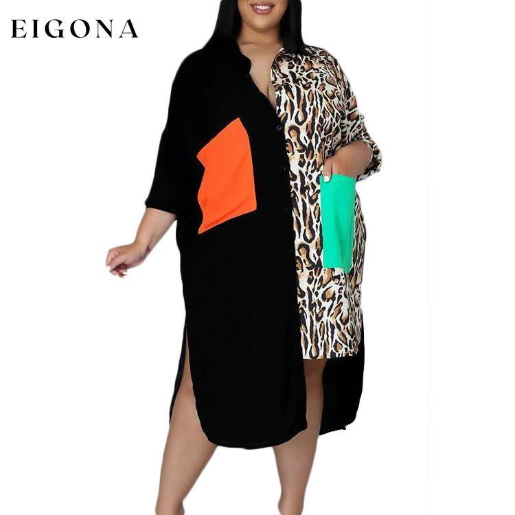 Plus Size Dress Color Block Loose Shirt Dress Leopard __stock:500 casual dresses clothes dresses refund_fee:1200