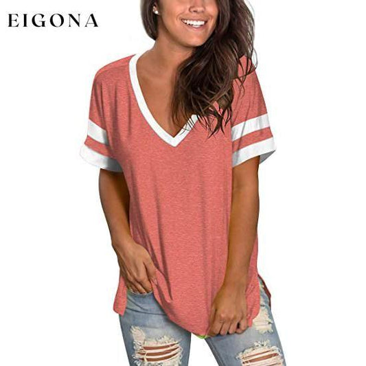 Womens Tops Striped Short Sleeve V Neck Tee T Shirts Coral __stock:200 clothes refund_fee:800 tops