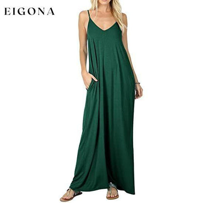 Stokeen Women's Summer Casual Plain Spaghetti Strap Maxi Dress Dark Green __stock:200 casual dresses clothes dresses refund_fee:1200 show-color-swatches