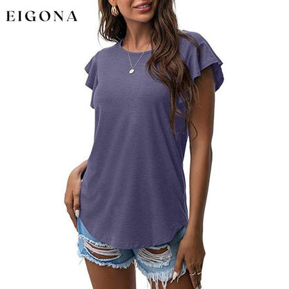 Summer Knit Ruffle Short Sleeve Top Purple Gray __stock:200 clothes refund_fee:1200 show-color-swatches tops