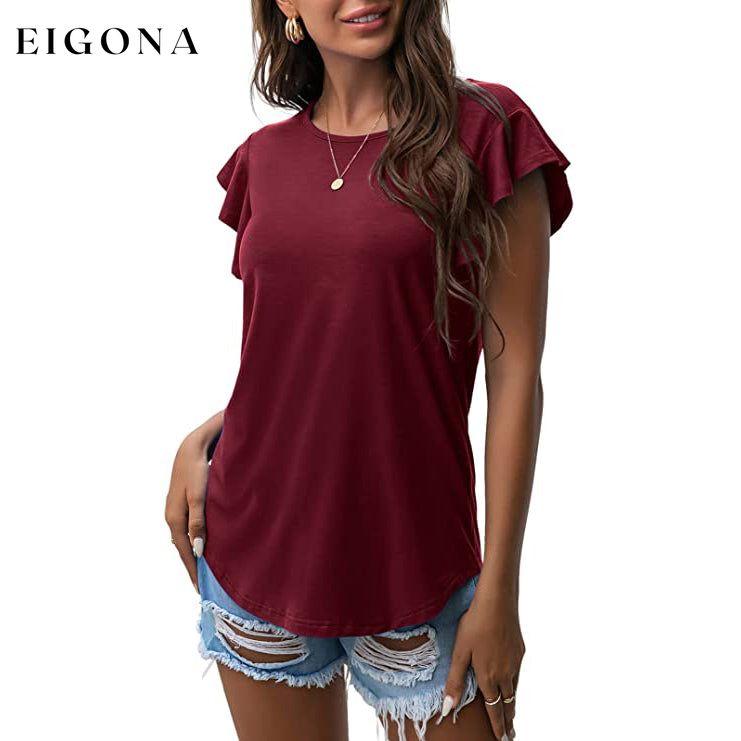 Summer Knit Ruffle Short Sleeve Top Wine Red __stock:200 clothes refund_fee:1200 show-color-swatches tops