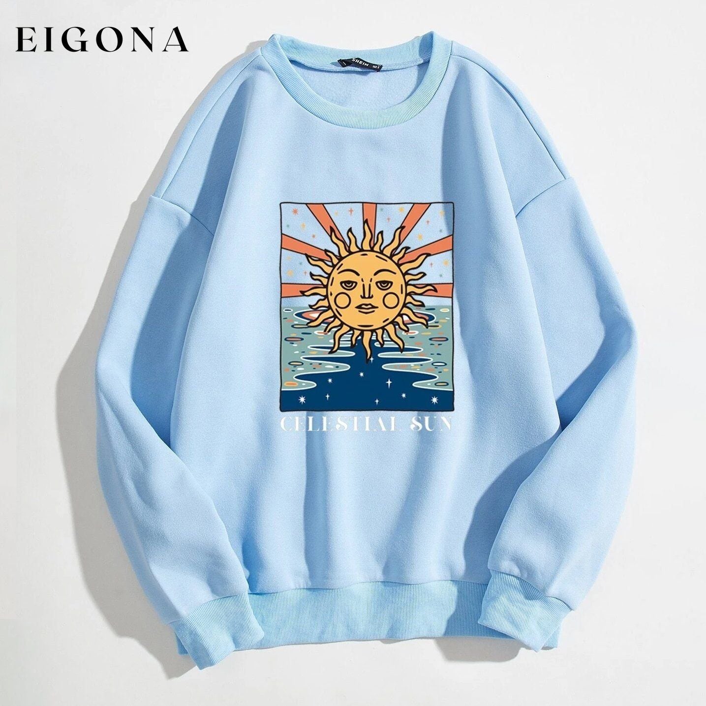 Sun and Letter Graphic Oversized Thermal Sweatshirt Baby Blue __stock:500 clothes refund_fee:800 tops