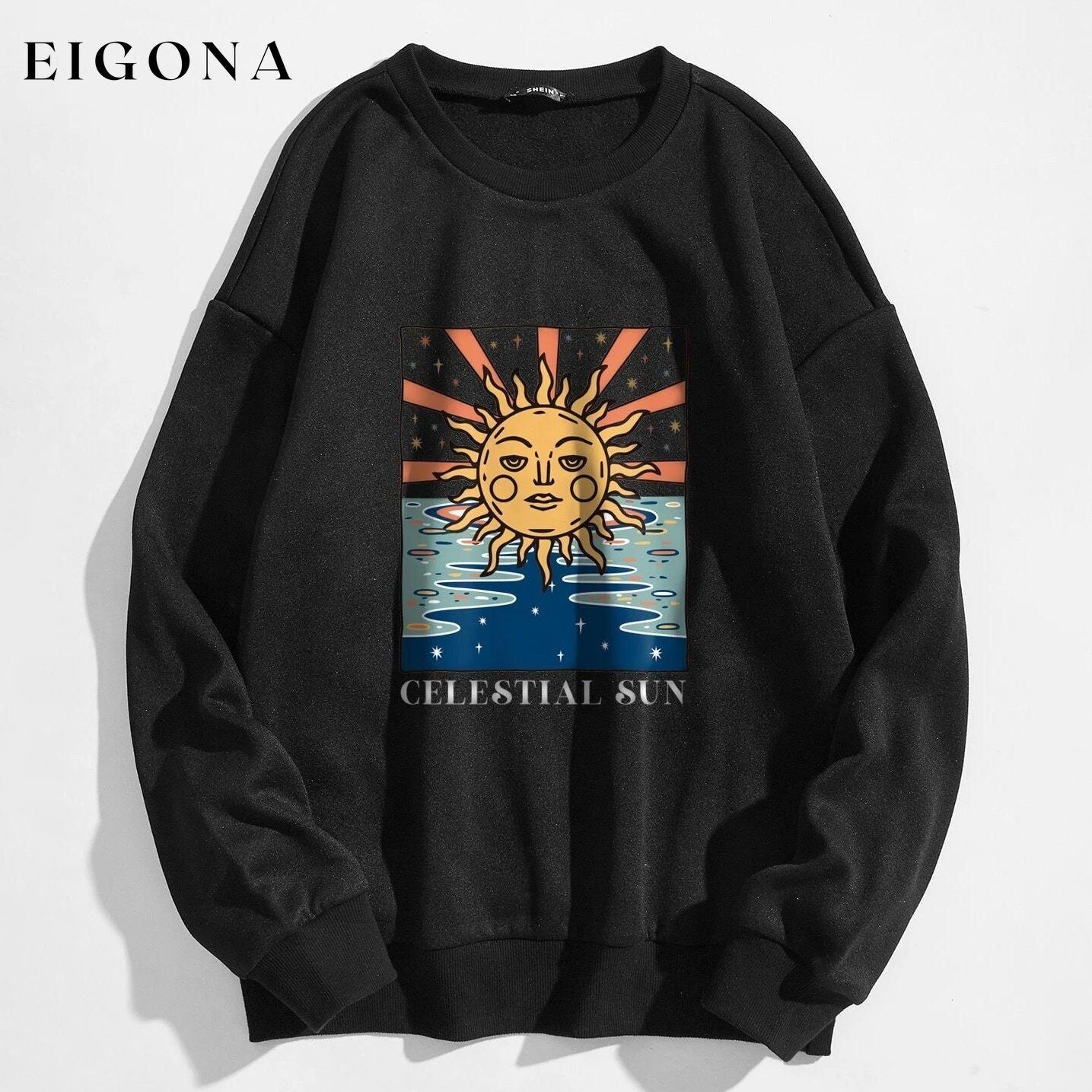 Sun and Letter Graphic Oversized Thermal Sweatshirt Black __stock:500 clothes refund_fee:800 tops