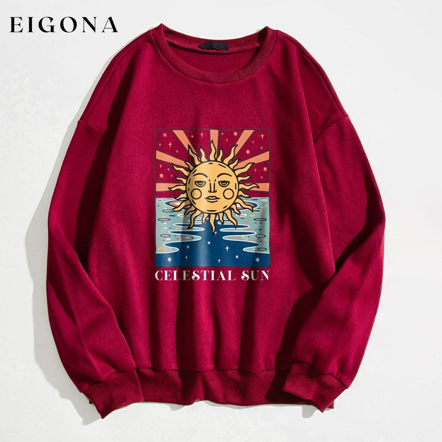 Sun and Letter Graphic Oversized Thermal Sweatshirt Burgundy __stock:500 clothes refund_fee:800 tops