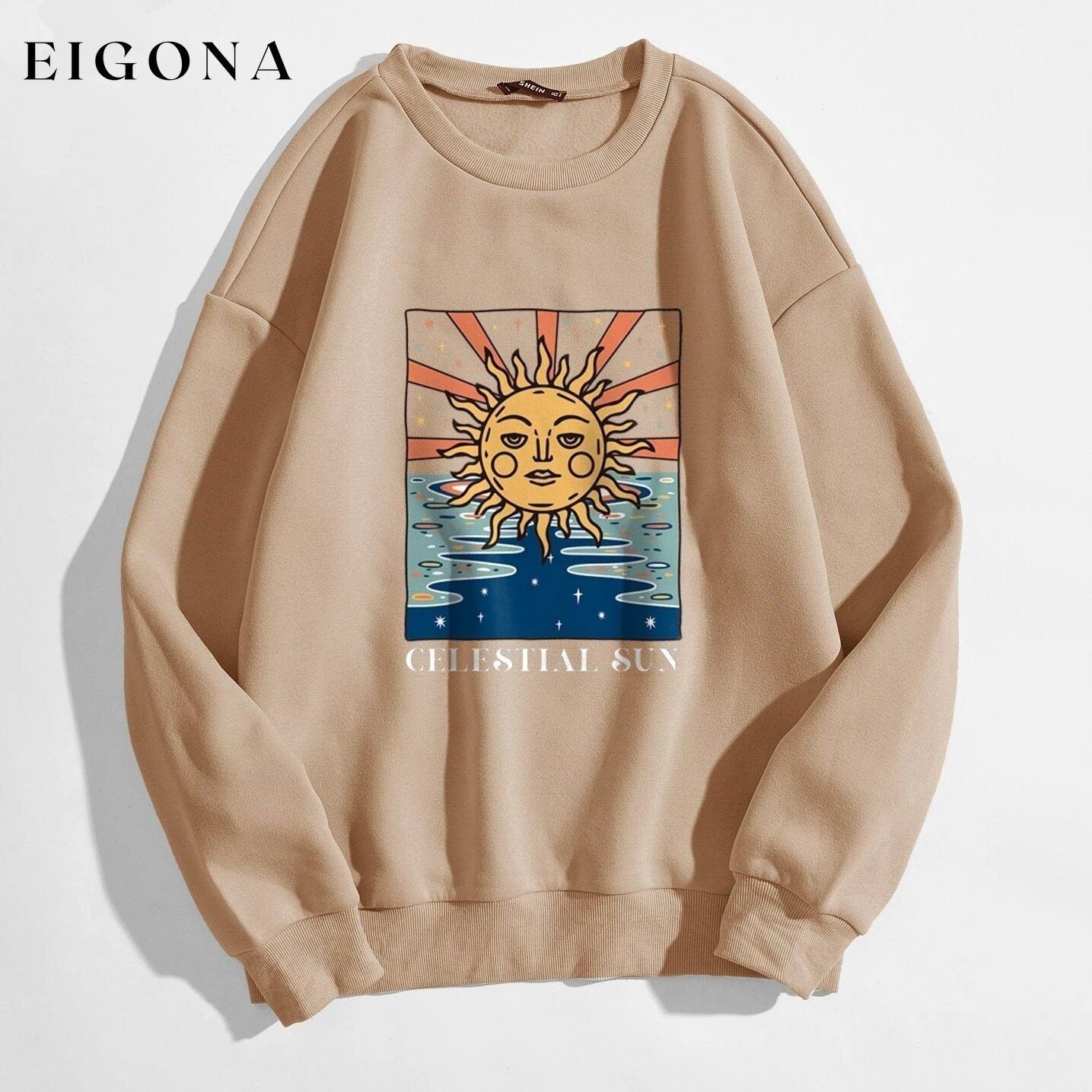 Sun and Letter Graphic Oversized Thermal Sweatshirt Champagne __stock:500 clothes refund_fee:800 tops
