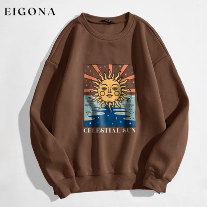 Sun and Letter Graphic Oversized Thermal Sweatshirt Brown __stock:500 clothes refund_fee:800 tops